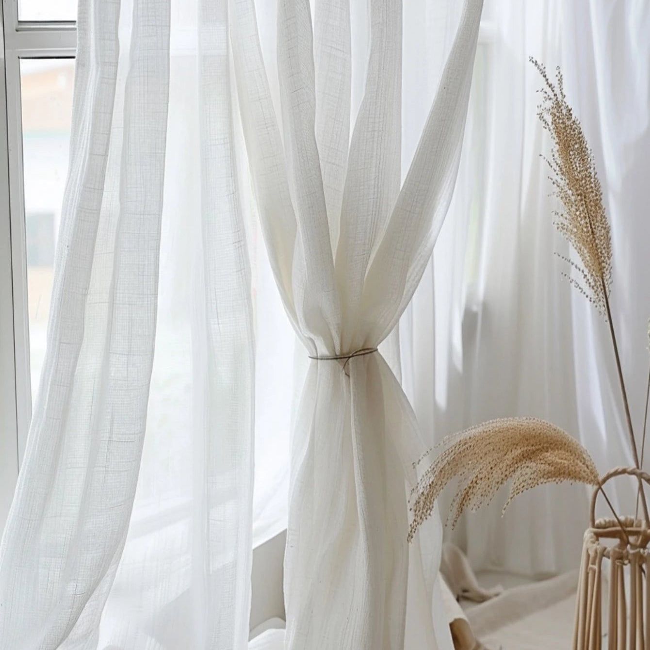 Korean Style Warm White Sheer Linen Curtains | Solid Cotton Blend Drapes for Living Room & Eid Decor | CD1017