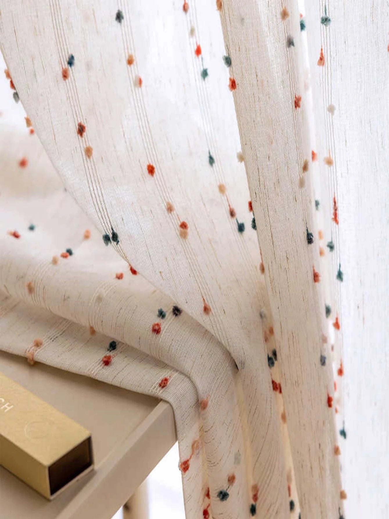 French Country Chic Dotted Rainbow Embroidered Sheer Linen Curtains, CD1007