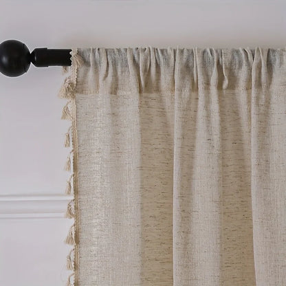 Classic Linen-Blend Rod Pocket Curtain Panels with Tassel Fringe Trim, CD1012