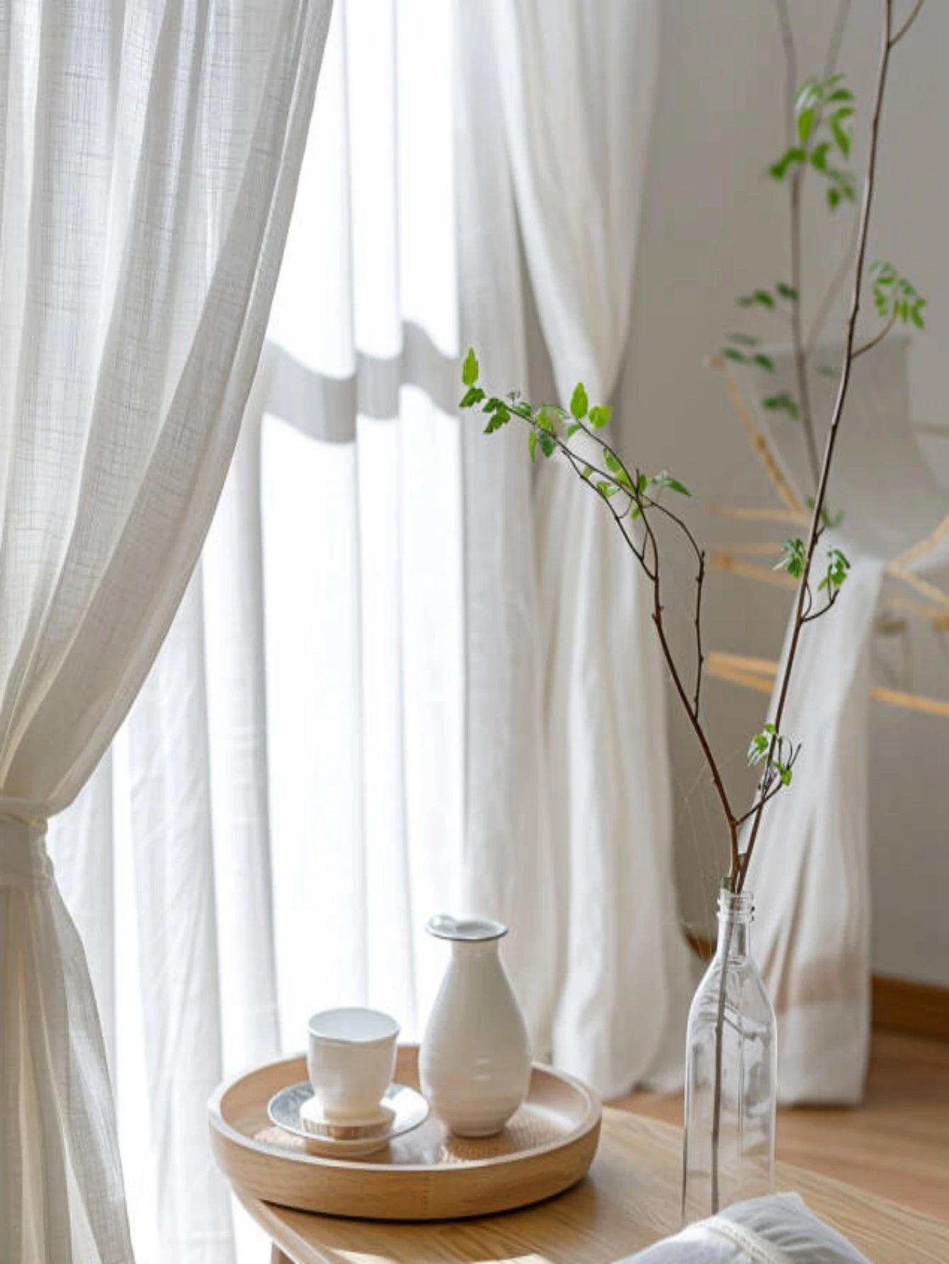 Korean Style Warm White Sheer Linen Curtains | Solid Cotton Blend Drapes for Living Room & Eid Decor | CD1017