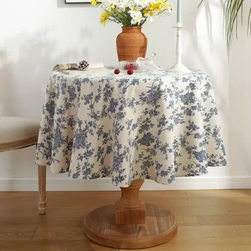 Vintage Floral Cotton Linen Round Tablecloth with Tassels – Washable Rustic Farmhouse Table Cover | CT1002