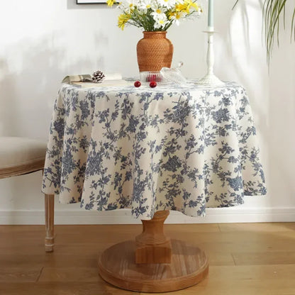 Vintage Floral Cotton Linen Round Tablecloth with Tassels – Washable Rustic Farmhouse Table Cover | CT1002