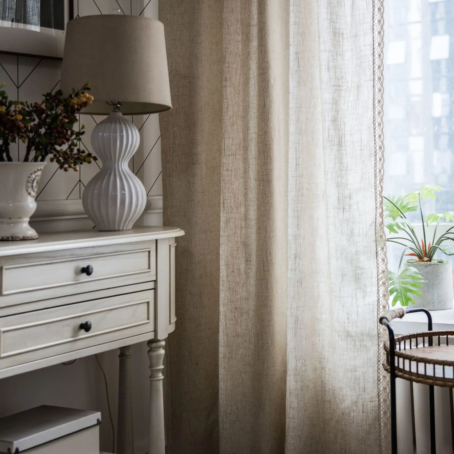 Cream Boho Tassel Window Curtain | 1-Panel Linen-Look Hollow Crochet Drape for Modern Farmhouse & Japandi Living Spaces | CD1021