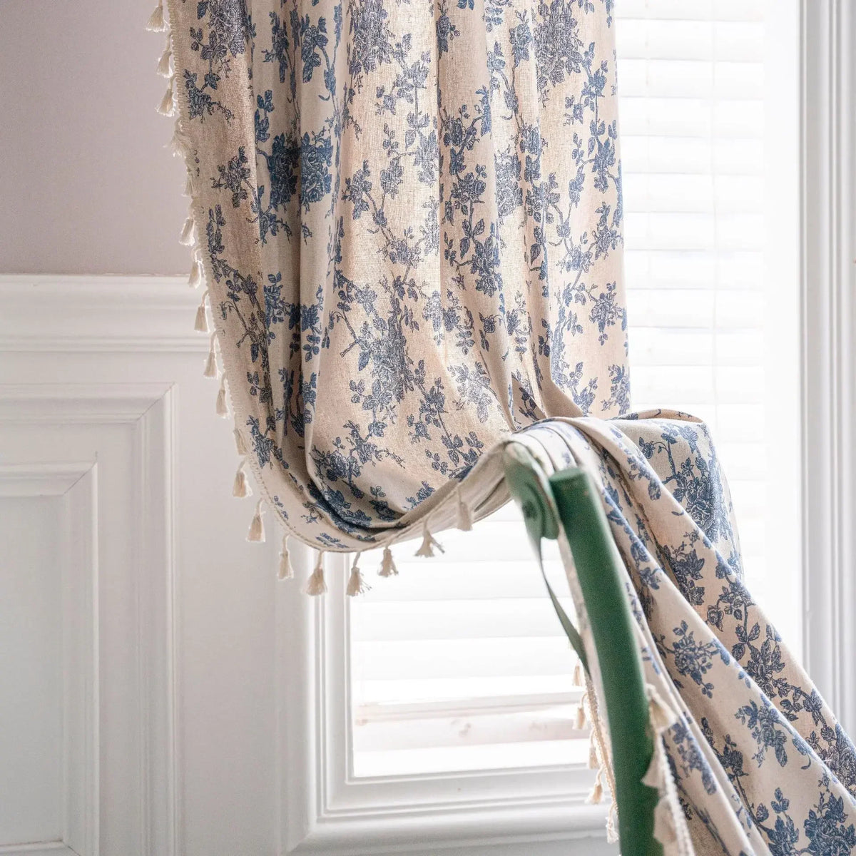 Vintage Farmhouse Bohemian Semi-Sheer Curtain Panel – Linen-Textured with Hollow Crochet & Fringe Tassels | CD1025