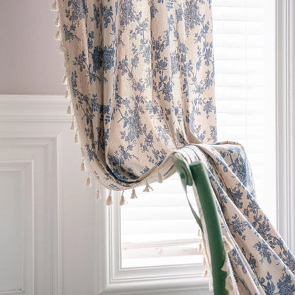 Vintage Farmhouse Bohemian Semi-Sheer Curtain Panel – Linen-Textured with Hollow Crochet & Fringe Tassels | CD1025