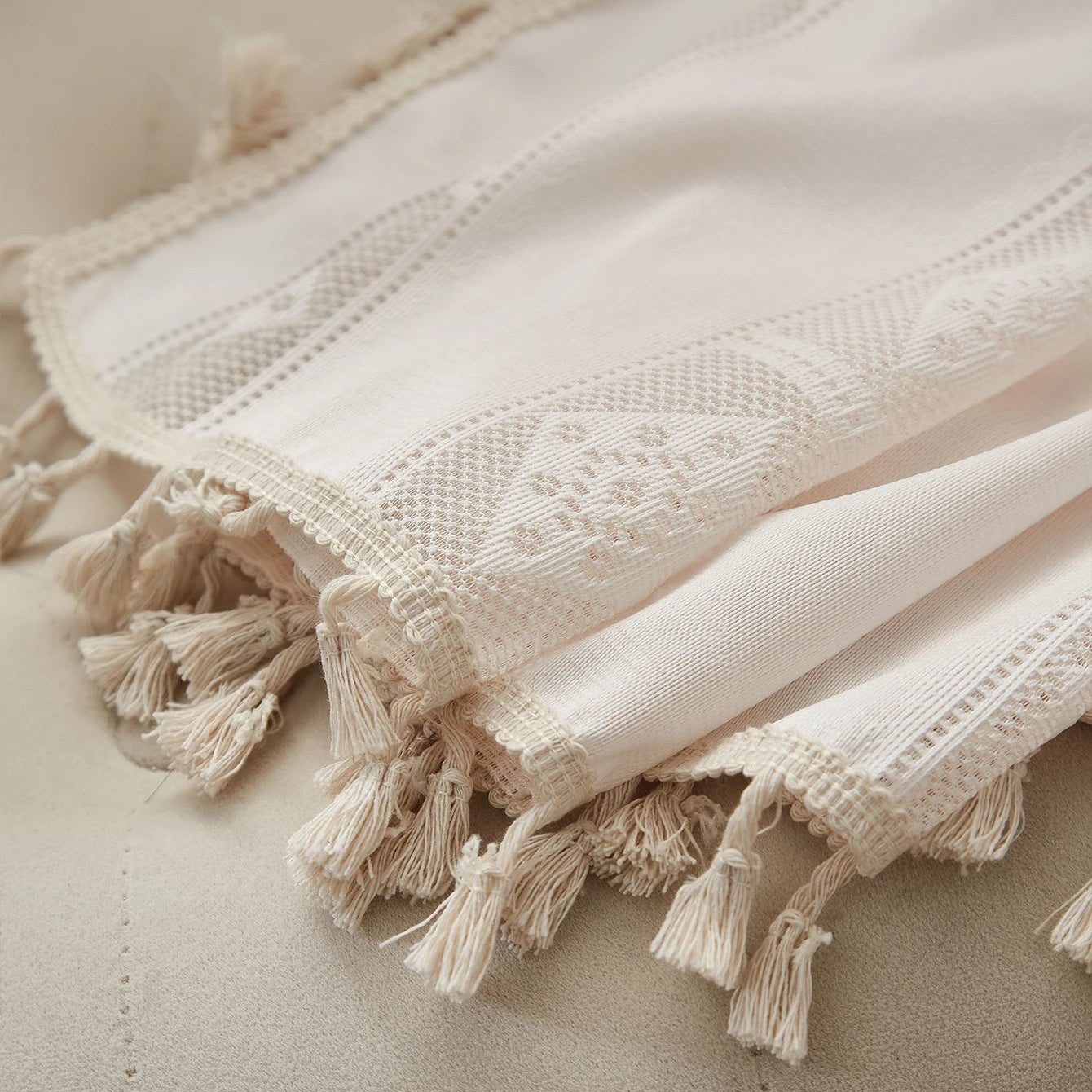 Boho Chic Geometric Crochet Lace Cotton-Blend Curtain Panel with Tassel Fringe, CD1013