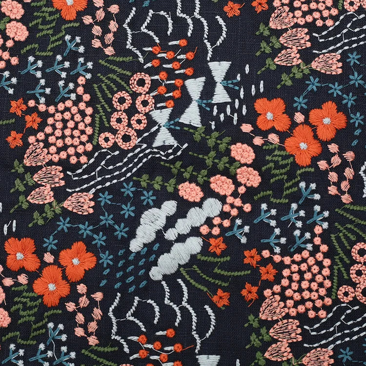 Flower Embroidered Cotton Linen Fabric | Floral Jacquard Dress Fabric | CA1019