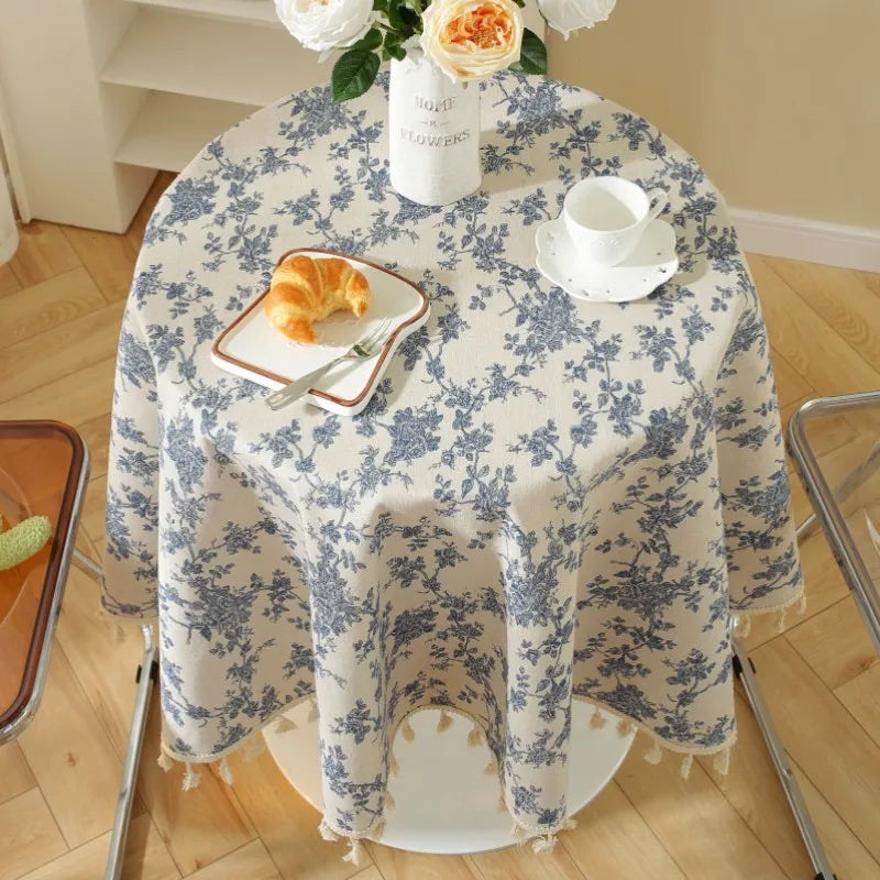 Vintage Floral Cotton Linen Round Tablecloth with Tassels – Washable Rustic Farmhouse Table Cover | CT1002