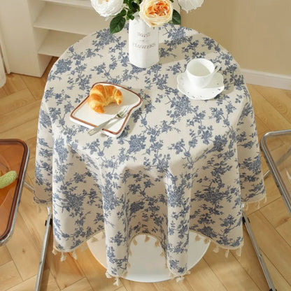 Vintage Floral Cotton Linen Round Tablecloth with Tassels – Washable Rustic Farmhouse Table Cover | CT1002
