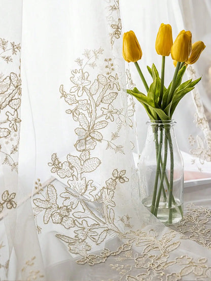 European embroidery white gaEuropean Embroidered Floral Sheer Gauze Curtains – Elegant Court-Style Window Treatment | CD1017uze curtains free perforation elegant court style half blackout sheer curtains for living room