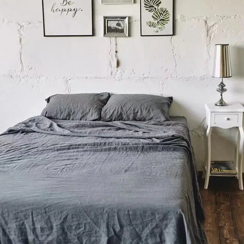 3-Piece 100% Washed Linen Sheet Set | Stone-Washed Pure Flax Flat Sheet & Pillowcases for Modern Farmhouse Bedding