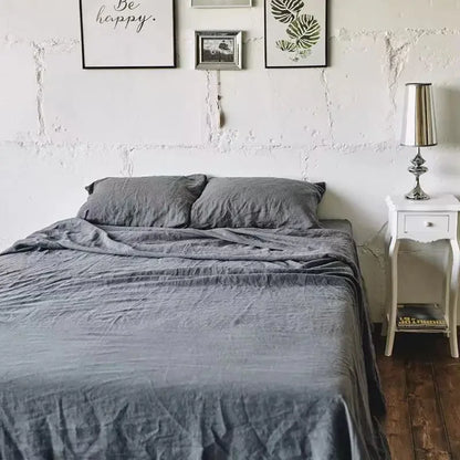 3-Piece 100% Washed Linen Sheet Set | Stone-Washed Pure Flax Flat Sheet & Pillowcases for Modern Farmhouse Bedding