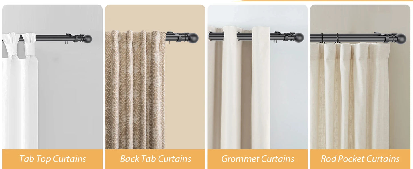 5/8" Black Double Curtain Rod Set – Adjustable Metal Drapery Poles with Brackets for Layered Windows | CH1013