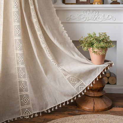 Vintage Farmhouse Bohemian Semi-Sheer Curtain Panel – Linen-Textured with Hollow Crochet & Fringe Tassels | CD1025