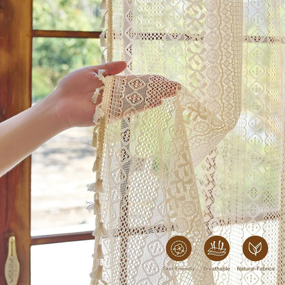 Boho Curtain Crochet Lace Semi-Sheer Hollow Out Knitted Tassels Curtain | CD1033