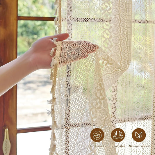 Boho Curtain Crochet Lace Semi-Sheer Hollow Out Knitted Tassels Curtain for Living Room,Vintage Light Filtering Rod Pocket Drape