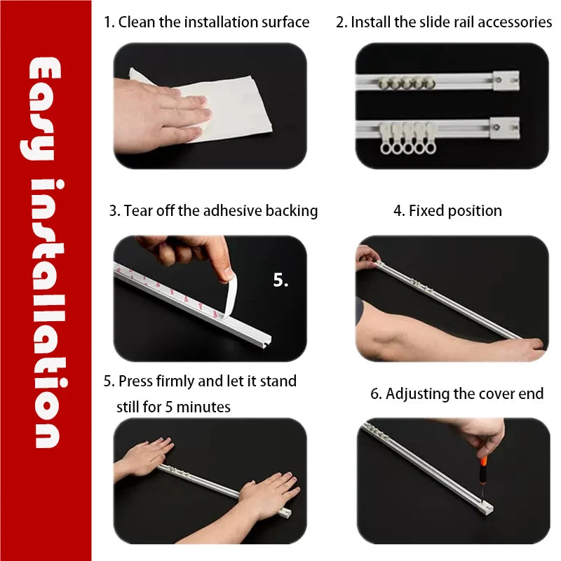 Self-Adhesive Silent Curtain Track, No-Drill Top & Side Mount Rail for Smooth Surfaces | CH1007