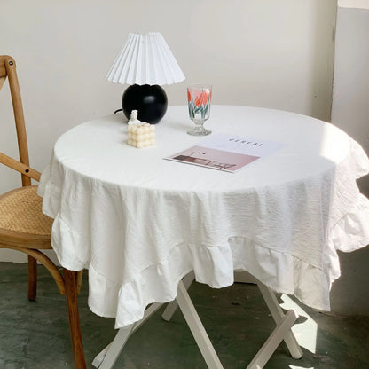 Vintage White Ruffled 100% Cotton Rectangular Tablecloth | CT1003