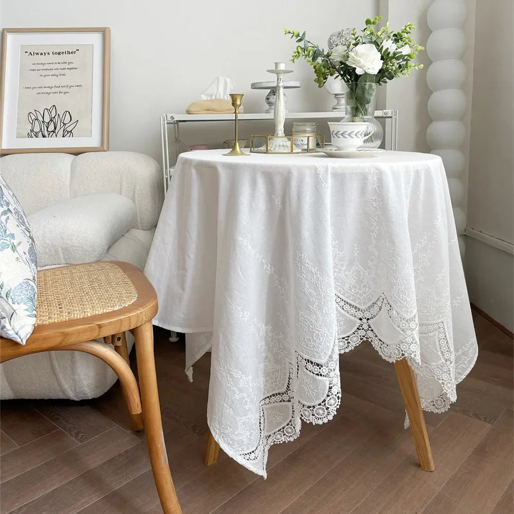 Luxury French Floral Embroidered White Cotton Tablecloth – Handmade Lace Rectangular Cover for Weddings & Dining |