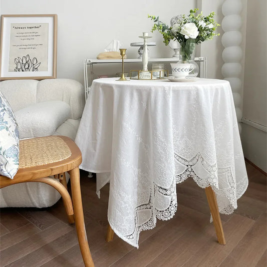 Luxury French Floral Embroidered White Cotton Tablecloth – Handmade Lace Rectangular Cover for Weddings & Dining |