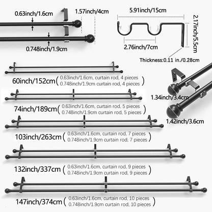 Adjustable Black Double Curtain Rod Set (60"-132") – Heavy Duty Dual Metal Pole | CH1011