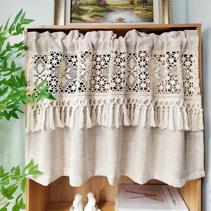 Crochet Lace Tier Curtain with Tassels | Farmhouse Kitchen Valance | CD1043