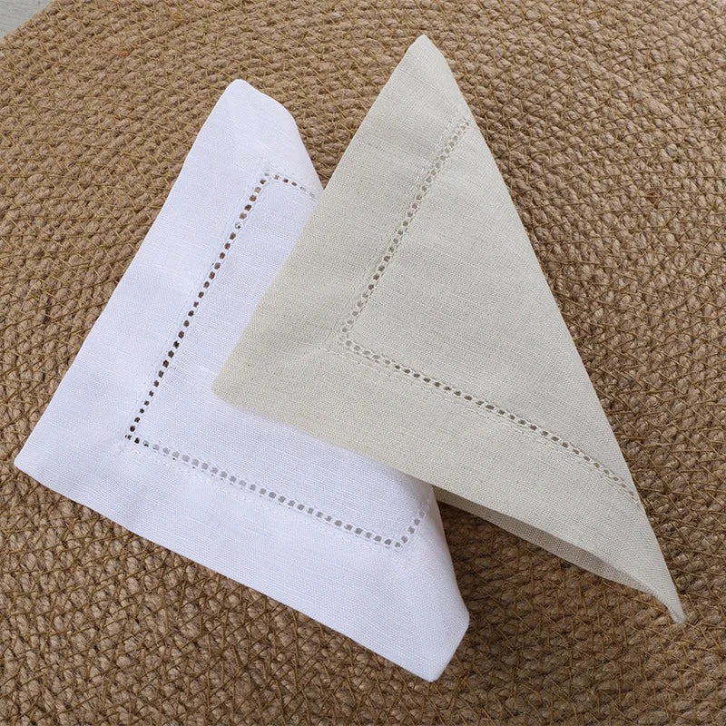 24-Piece Hemstitch Linen Blend Cocktail Napkins | 6x6 Classic White Square Cloths for Weddings, Bar Cart & Minimalist Dining