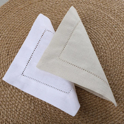 24-Piece Hemstitch Linen Blend Cocktail Napkins | 6x6 Classic White Square Cloths for Weddings, Bar Cart & Minimalist Dining