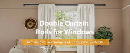 5/8" Black Double Curtain Rod Set – Adjustable Metal Drapery Poles with Brackets for Layered Windows | CH1013