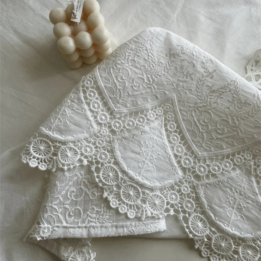 Luxury French Floral Embroidered White Cotton Tablecloth – Handmade Lace Rectangular Cover for Weddings & Dining |