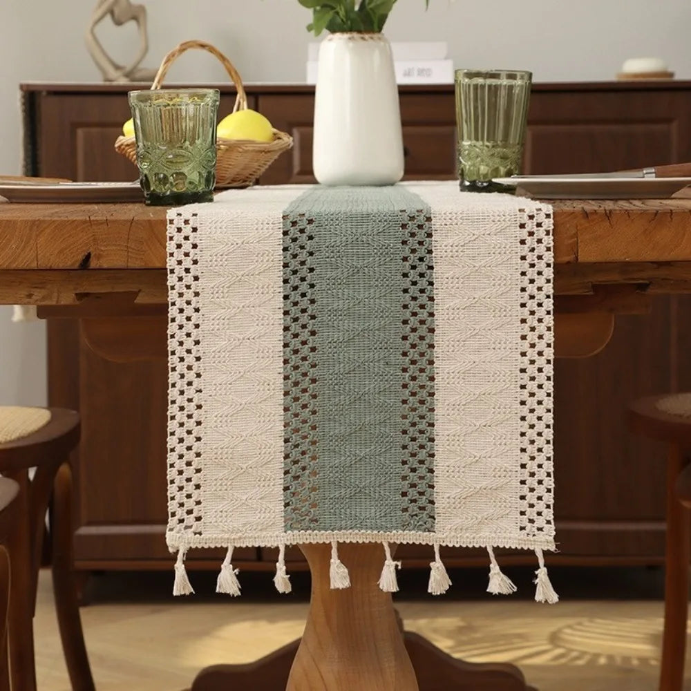 Rustic Knitted Hollow-Out Table Runner with Tassels | CT1007