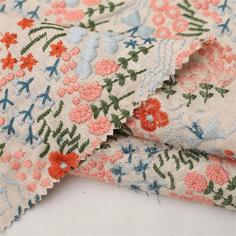 Flower Embroidered Cotton Linen Fabric | Floral Jacquard Dress Fabric | CA1019