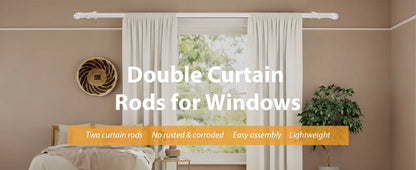 5/8" White Double Curtain Rod Set – Adjustable Metal Drapery Poles with Brackets for Layered Windows | CH1012