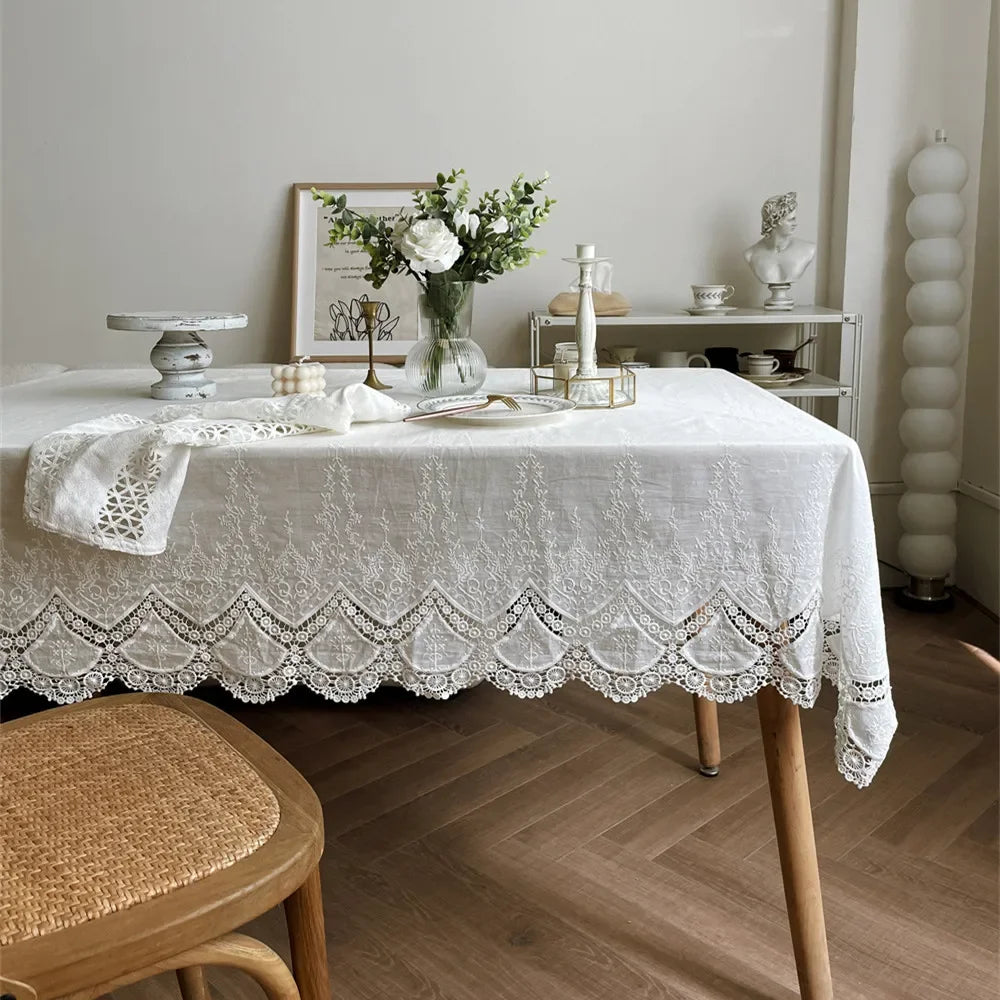 Luxury French Floral Embroidered White Cotton Tablecloth – Handmade Lace Rectangular Cover for Weddings & Dining |