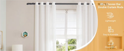 5/8" Black Double Curtain Rod Set – Adjustable Metal Drapery Poles with Brackets for Layered Windows | CH1013