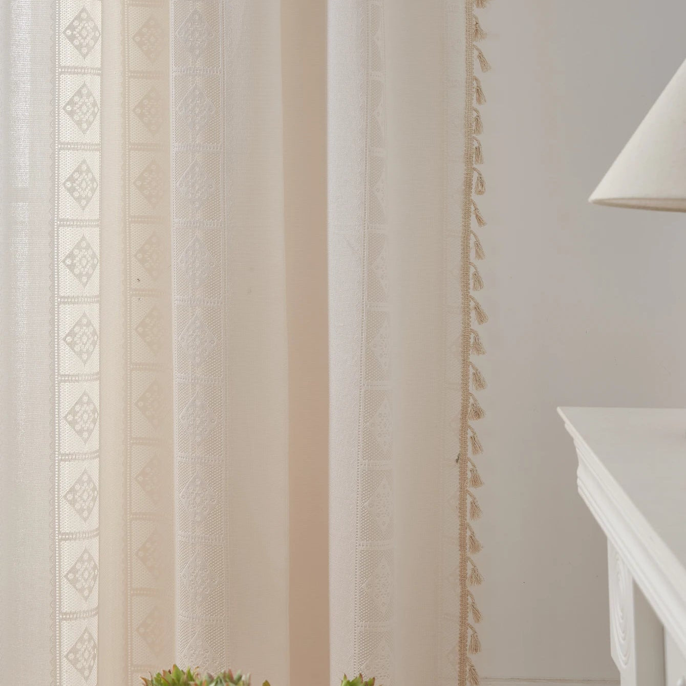 Boho Chic Geometric Crochet Lace Cotton-Blend Curtain Panel with Tassel Fringe, CD1013