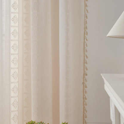 Boho Chic Geometric Crochet Lace Cotton-Blend Curtain Panel with Tassel Fringe, CD1013
