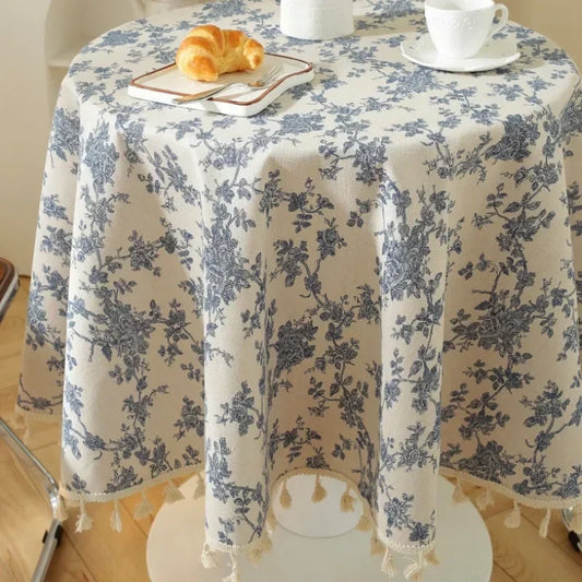 Vintage Floral Cotton Linen Round Tablecloth with Tassels – Washable Rustic Farmhouse Table Cover | CT1002