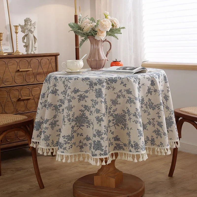 Vintage Floral Cotton Linen Round Tablecloth with Tassels – Washable Rustic Farmhouse Table Cover | CT1002
