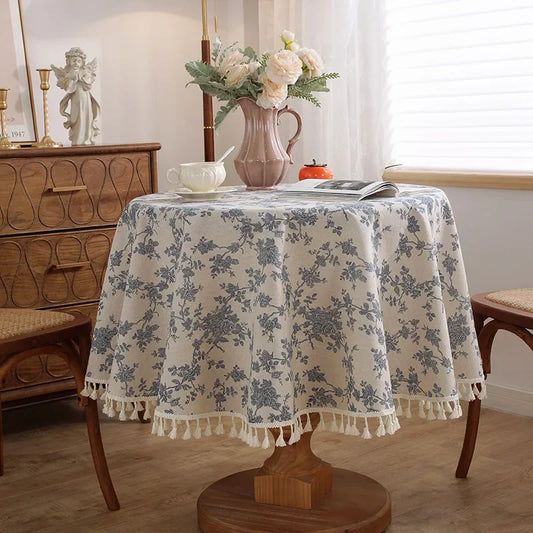 Vintage Floral Cotton Linen Round Tablecloth with Tassels – Washable Rustic Farmhouse Table Cover | CT1002