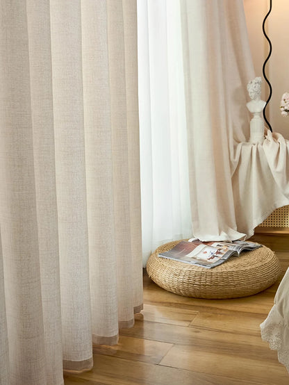 Premium French Retro Beige Linen Curtains | High-End Japanese Style Drapes & Gauze Panels for Bedroom and Living Room | CD1016