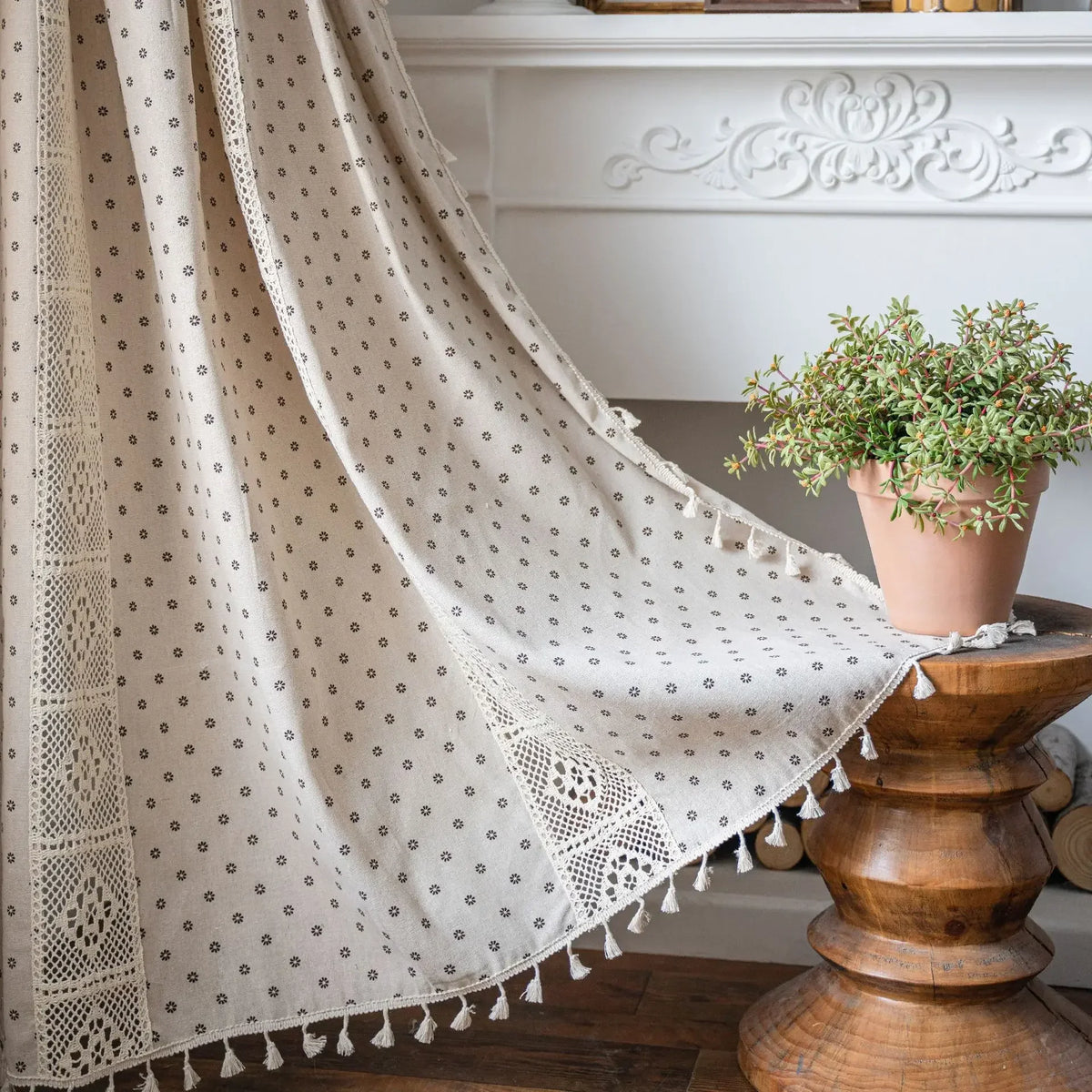 Vintage Farmhouse Bohemian Semi-Sheer Curtain Panel – Linen-Textured with Hollow Crochet & Fringe Tassels | CD1025