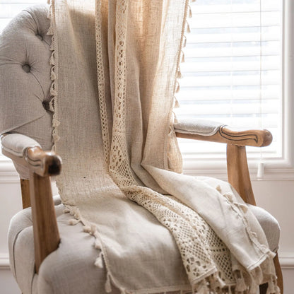 Cream Boho Tassel Window Curtain | 1-Panel Linen-Look Hollow Crochet Drape for Modern Farmhouse & Japandi Living Spaces | CD1021