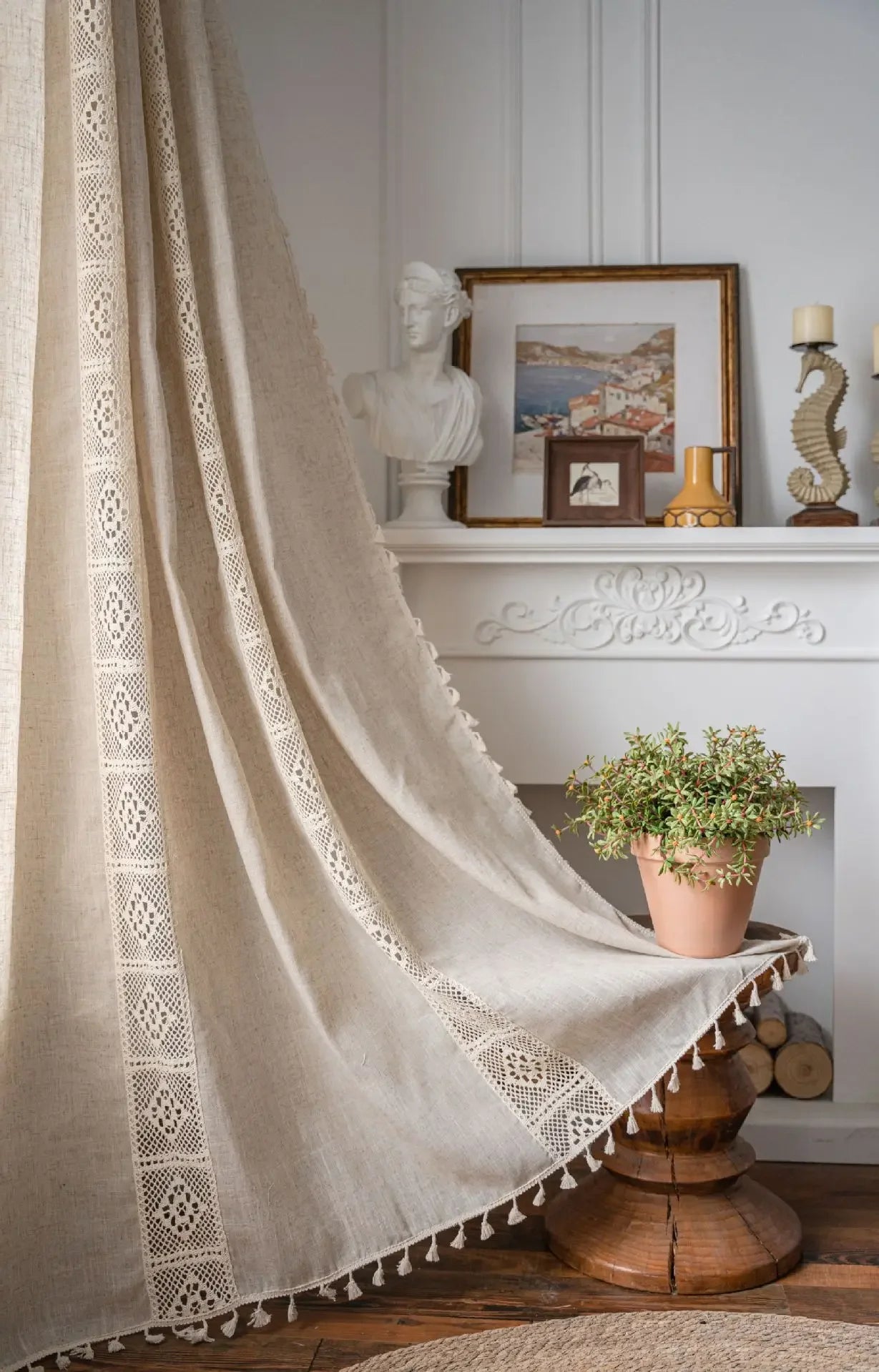 Cream Boho Tassel Window Curtain | 1-Panel Linen-Look Hollow Crochet Drape for Modern Farmhouse & Japandi Living Spaces | CD1021