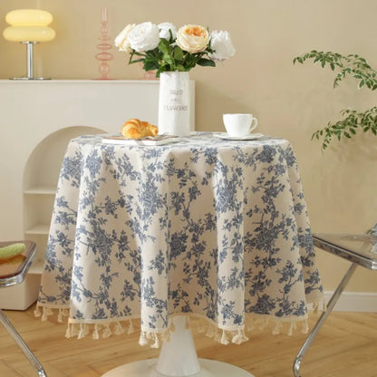 Vintage Floral Cotton Linen Round Tablecloth with Tassels – Washable Rustic Farmhouse Table Cover | CT1002