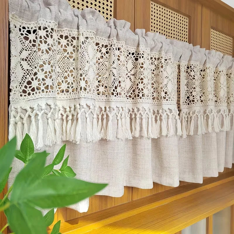 Crochet Lace Tier Curtain with Tassels | Farmhouse Kitchen Valance | CD1043