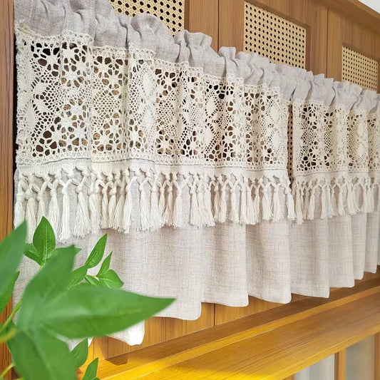 Crochet Lace Tier Curtain with Tassels | Farmhouse Kitchen Valance | CD1043
