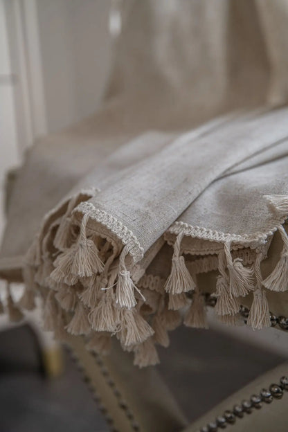 Cream Boho Tassel Window Curtain | 1-Panel Linen-Look Hollow Crochet Drape for Modern Farmhouse & Japandi Living Spaces | CD1021