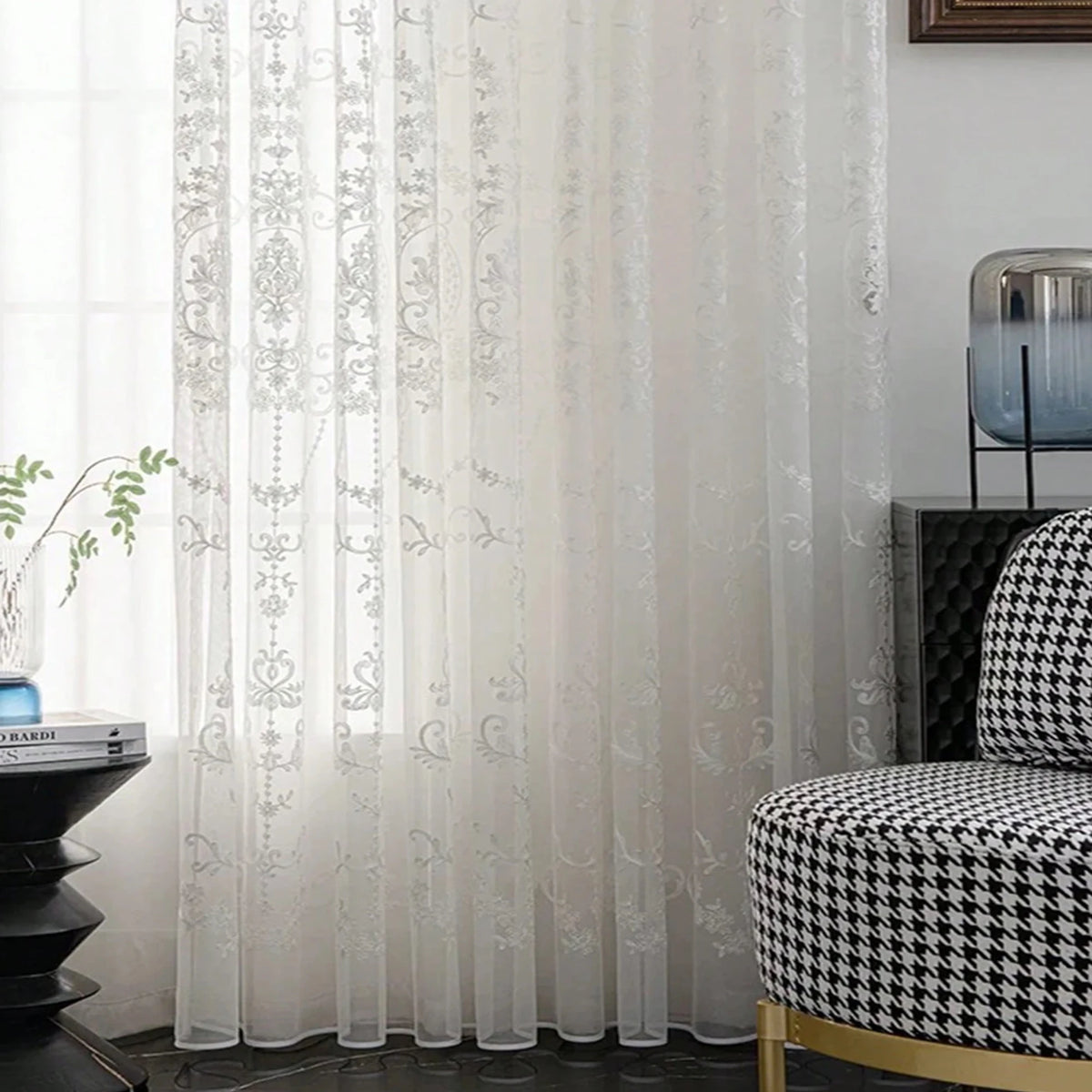 Elegant Single Layer Damask Embroidered Sheer Curtain | CD1034