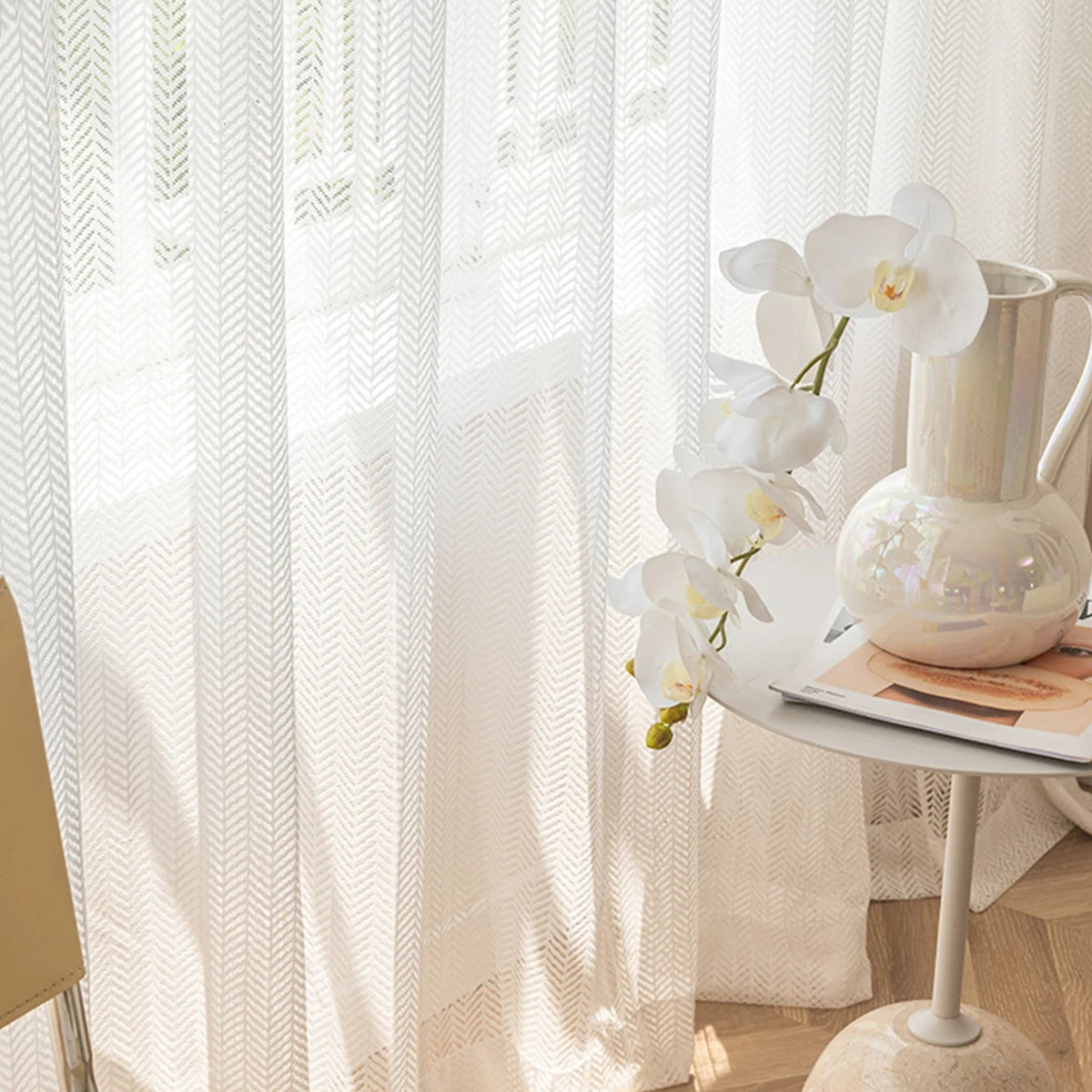 White Herringbone Jacquard Curtains | Modern Textured Window Drapes | CD1044